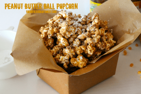 Peanut Butter Ball Popcorn thebittersideofsweet.com #popcornweek #snack #peanutbutter