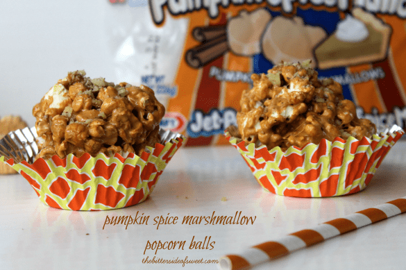 Festive Ooey Gooey Pumpkin Spice Marshmallow Popcorn balls | thebittersideofsweet.com #popcornweek #popcorn #pumpkin