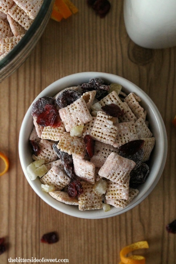 Candied Orange Cranberry Muddy Buddies | thebittersideofsweet.com Candied Orange Cranberry Muddy Buddies | thebittersideofsweet.com
