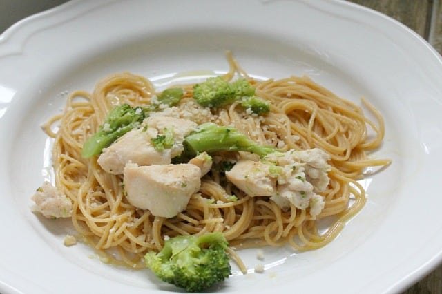 Chicken and Broccoli Pasta in a white bowl.