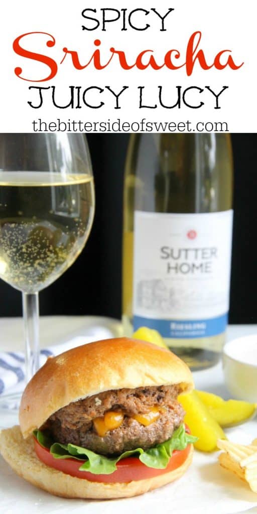 This Spicy Sriracha Juicy Lucy is a classic burger with a spicy twist! Found in Minnesota this burger pairs well with a glass of Sutter Home Riesling! | The Bitter Side of Sweet #SweetonSpice #ad Spicy Sriracha Juicy Lucy
