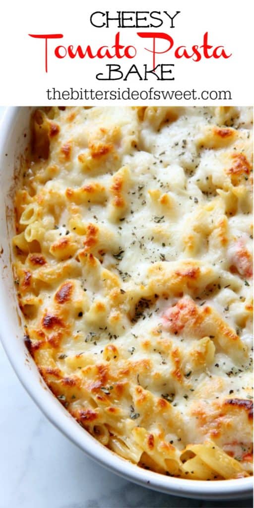 This Cheesy Tomato Pasta Bake is an irresistible casserole the whole family will nosh! It's vegetarian-friendly, and oh so good. Look at that bubbly cheese. | The Bitter Side of Sweet Cheesy Tomato Pasta Bake in bowl