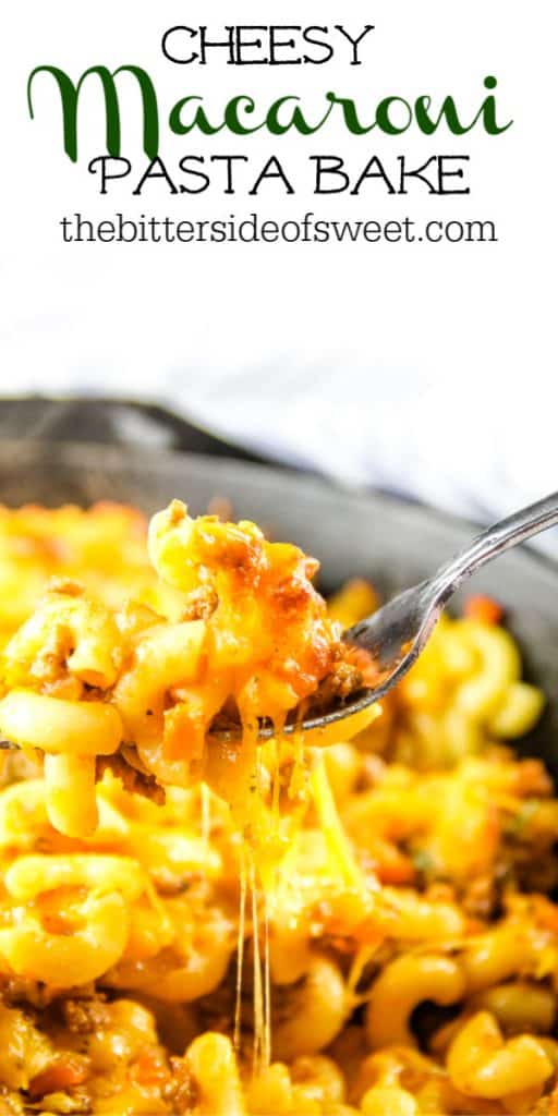 This Cheesy Macaroni Pasta Bake for a weeknight dinner! Made with my classic homemade pasta sauce, this is the perfect comfort food! Cheesy Macaroni Pasta Bake with fork