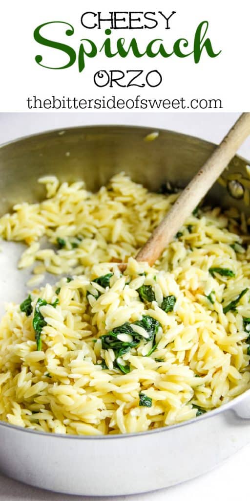 Cheesy Spinach Orzo in pot with spoon