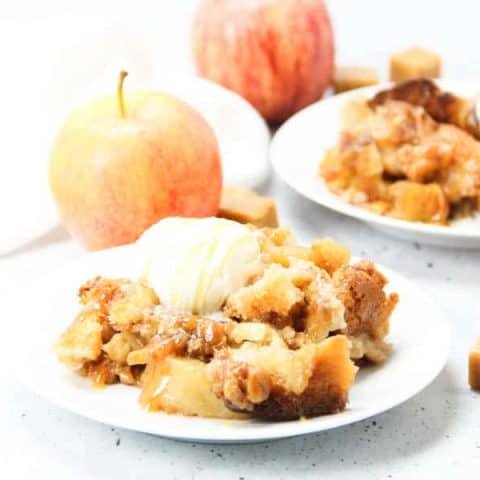Caramel Apple Cobbler closeup view with caramel drizzled on top