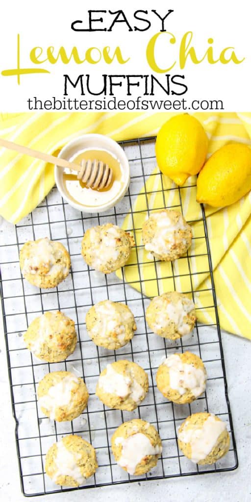Easy Lemon Chia Muffins! Full of tangy, lemony flavor loaded with chia seeds for the perfect way to start the day! Packed with protein! Easy Lemon Chia Muffins overheard picture with honey and lemons