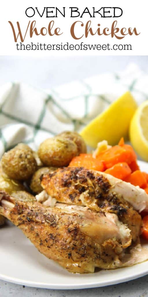 This Oven Baked Whole Chicken is cooked up perfectly with lemon, garlic and herbs. Tender, moist and lemony chicken for dinner! Oven Baked Whole Chicken cut into pieces on white plate