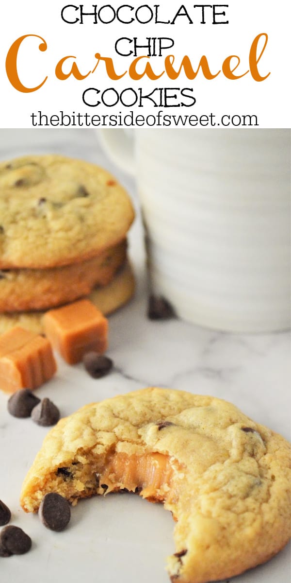 Ooey-gooey Chocolate Chip Caramel Cookies! Using a basic cookie recipe with a caramel stuffed inside for a delicious cookie! Chocolate Chip Caramel Cookies! on white background