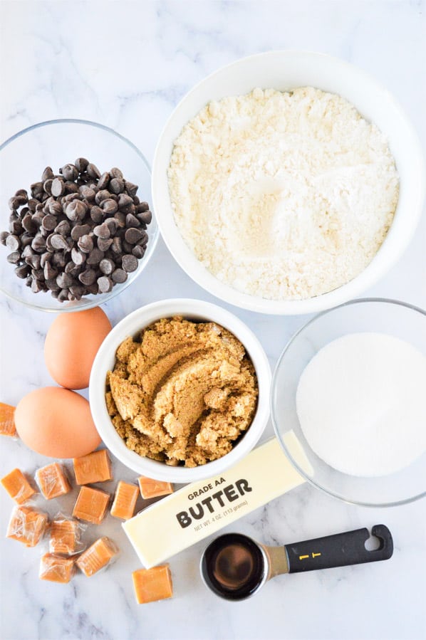Chocolate Chip Caramel Cookies Ingredients in bowls