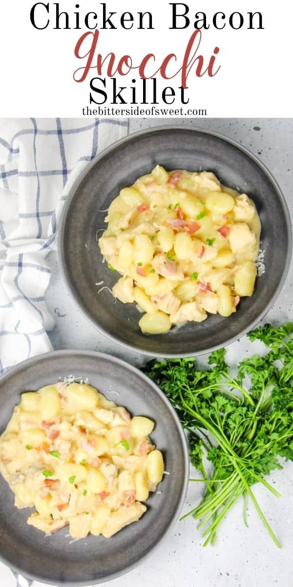 This Chicken Bacon Gnocchi Skillet is a delicious one pot meal! With tender chicken, gnocchi and crispy bacon, it makes a complete meal! Gnocchi Skillet in gray bowls