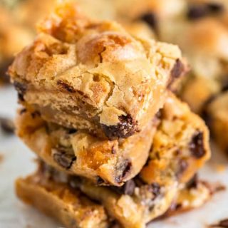 S'mores Blondies on white background stacked.