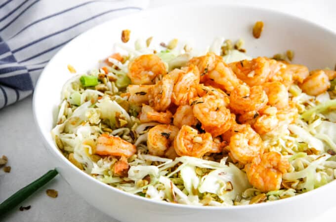 Shrimp Ramen Salad in white bowl.