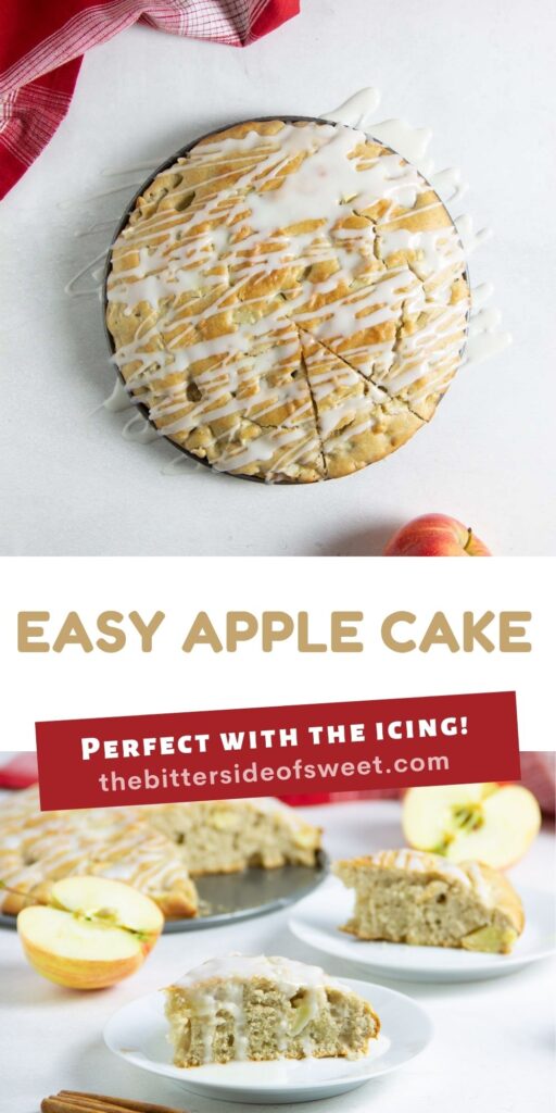 Easy Apple Cake! Made with just a few pantry staples and fresh apples! With a hint of cinnamon, this tasty dessert will become a favorite! Apple Cake collage.