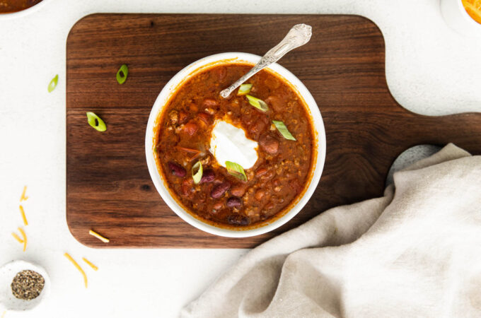 Slow Cooker Chili in white bowl.