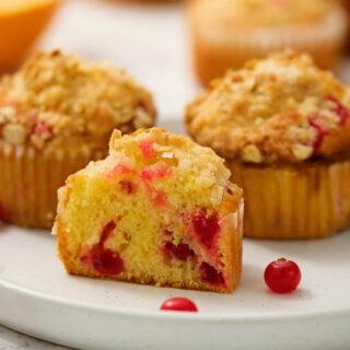 cranberry orange muffins cut in half.