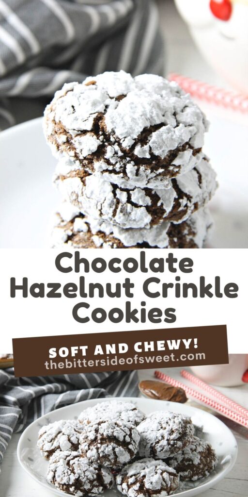 Chocolate Hazelnut Crinkle Cookies are impossible to resist. They're made with the sweet addition of creamy hazelnut spread! Chocolate Hazelnut Crinkle Cookies collage.