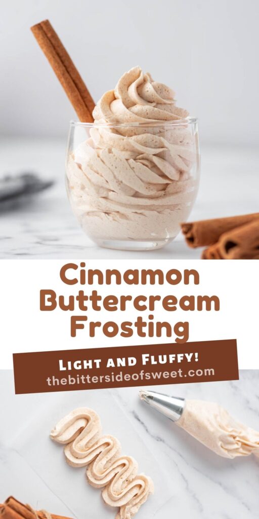 A fast, simple Cinnamon Buttercream Frosting! Light and fluffy frosting that goes well on cake, cupcakes, and cookies! Cinnamon Buttercream Frosting collage of photos.
