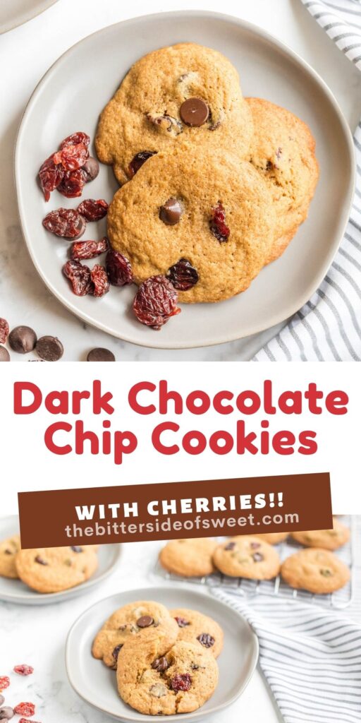 Soft, buttery Dark Chocolate Chip Cherry Cookies! Flavored with a touch of almond extract and lots of dark chocolate! Dark Chocolate Chip Cherry Cookies collage.