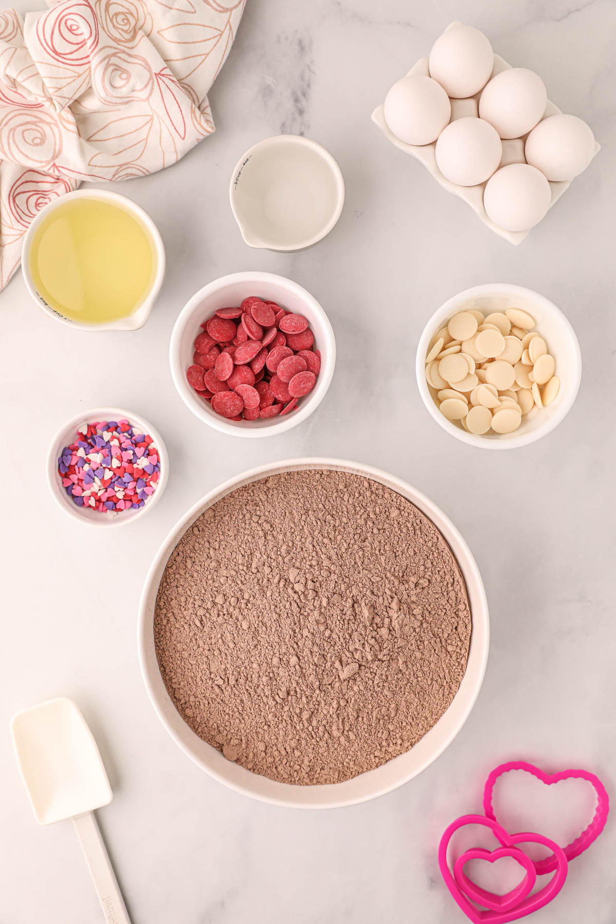 Valentines Day Brownies ingredients in white bowls.