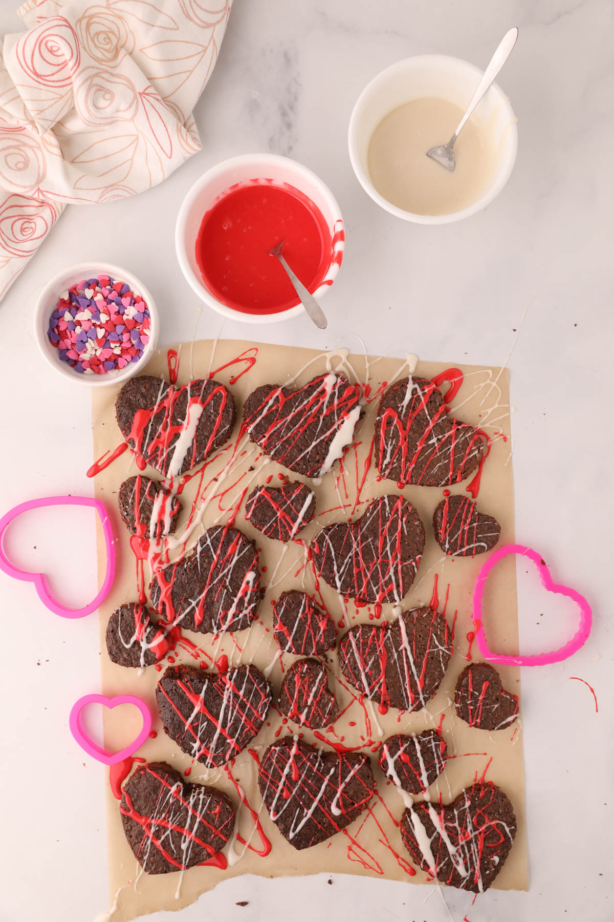Valentines Day Brownies overhead view of cut brownies.