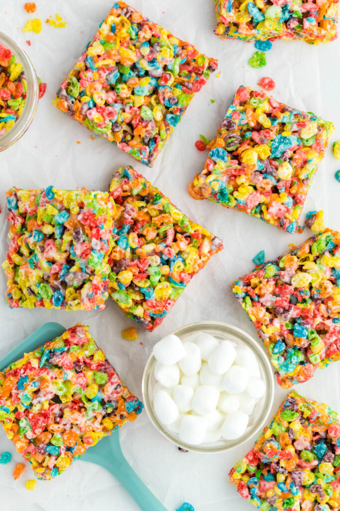 Fruity Pebbles Rice Krispie Treats on white background.