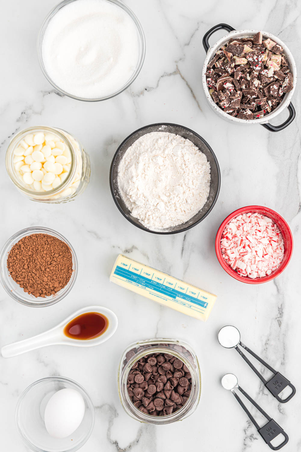 ingredients for Chocolate Peppermint Bark Cookies.