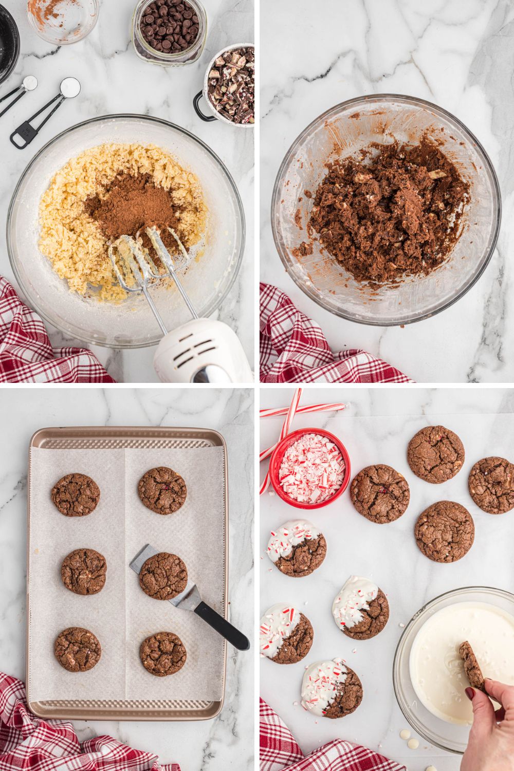 Easy chocolate peppermint bark cookies that are ready in no time! Full of peppermint flavor, these soft and gooey cookies are perfect! step by step collage of making peppermint bark cookies.