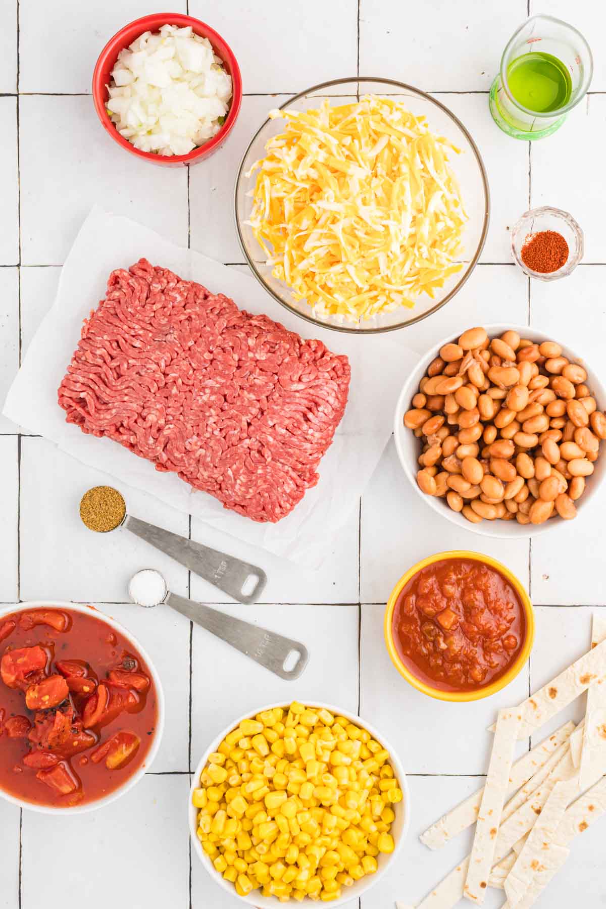 Easy taco skillet ingredients in bowls.