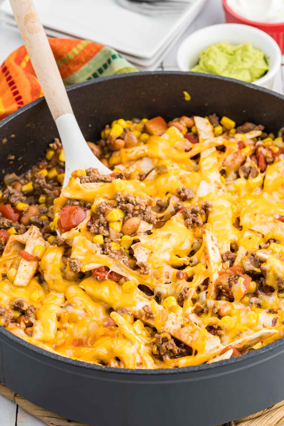 Easy taco skillet in pan with spoon.