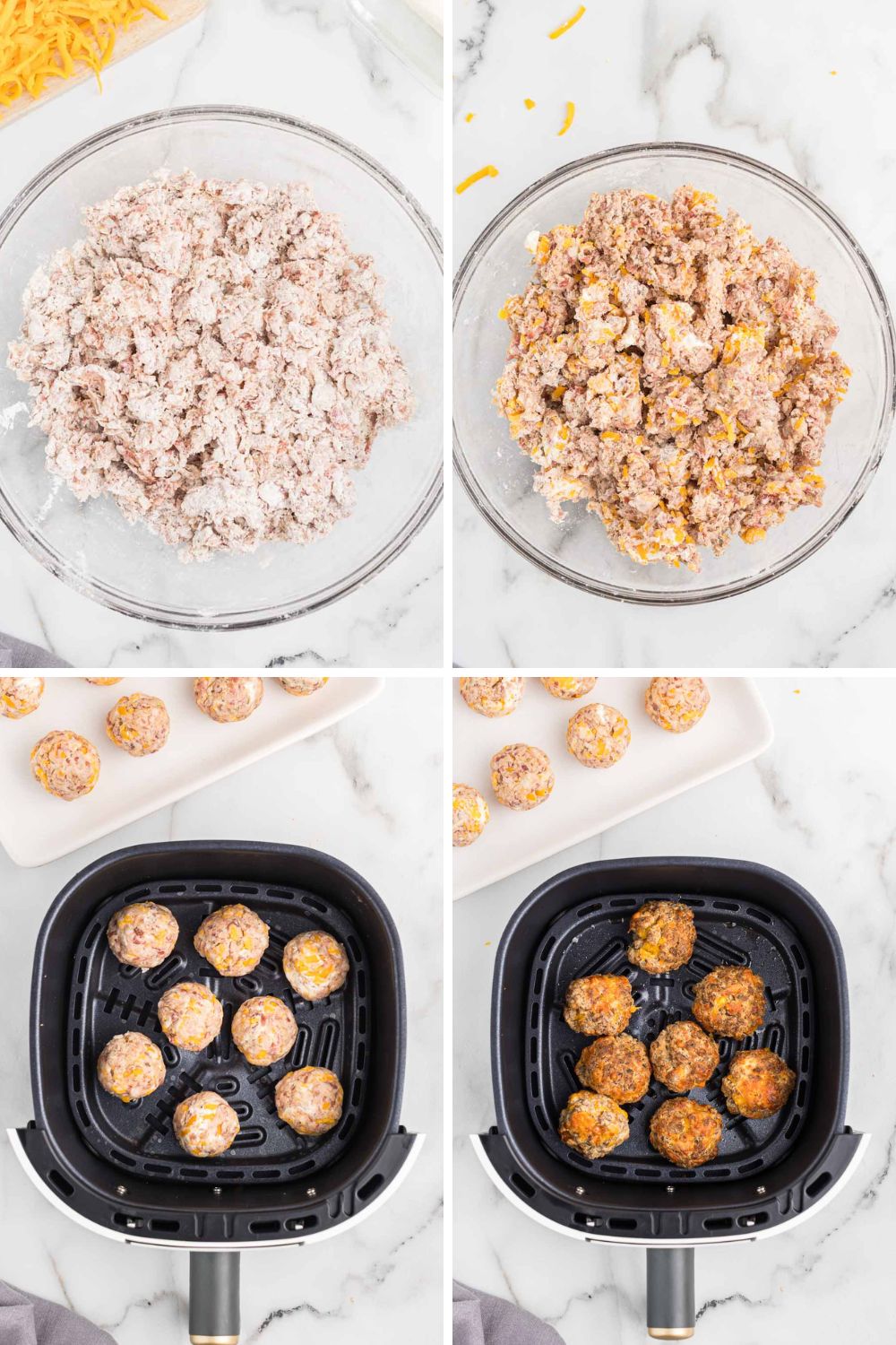 step by step photo collage for air fryer sausage balls.