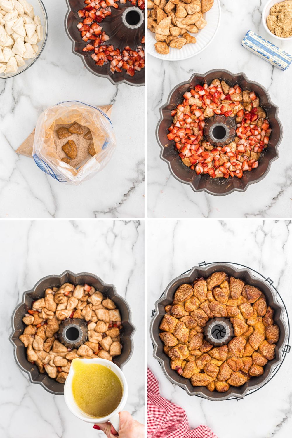 Step by step photos of the process of making strawberry monkey bread.