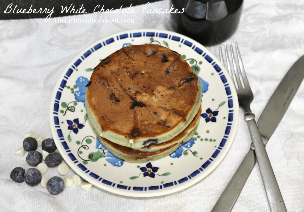 Blueberry White Chocolate Pancakes via thebittersideofsweet