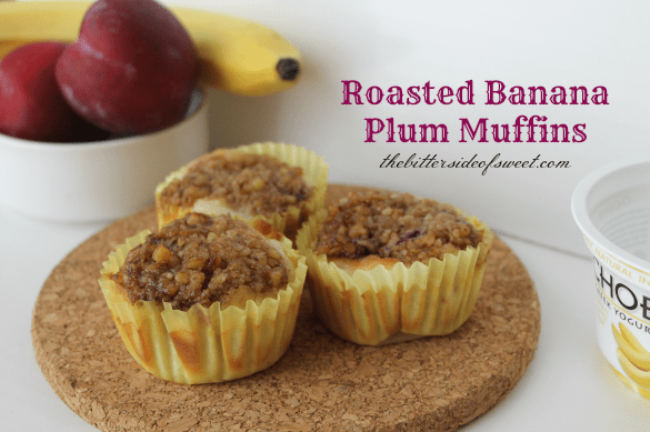 Roasted Banana Plum Muffins | thebittersideofsweet.com #muffins #chobani #bananas