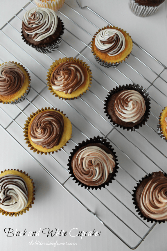 Beautifully made Black and White Cupcakes using boxed cake mixes and canned frosting! | thebittersideofsweet.com #cupcakes #cakemix #dessert #greekyogurt
