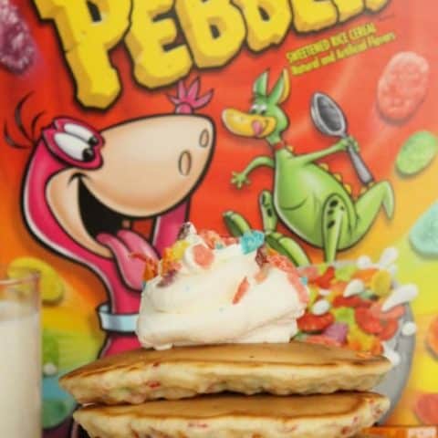 Fruity Pebbles Pancakes with Vanilla Whipped Cream