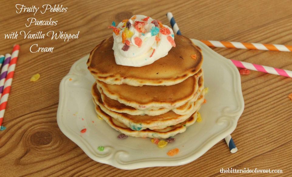 Fruity Pebbles Pancakes with Vanilla Whipped Cream | thebittersideofsweet.com #PostWalgreens #pmedia 