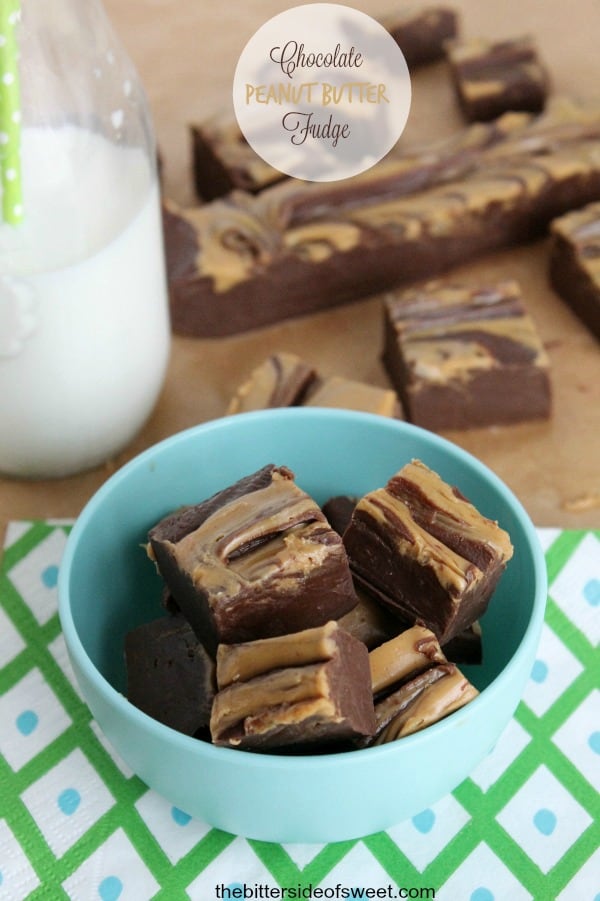 Chocolate Peanut Butter Fudge in blue bowl