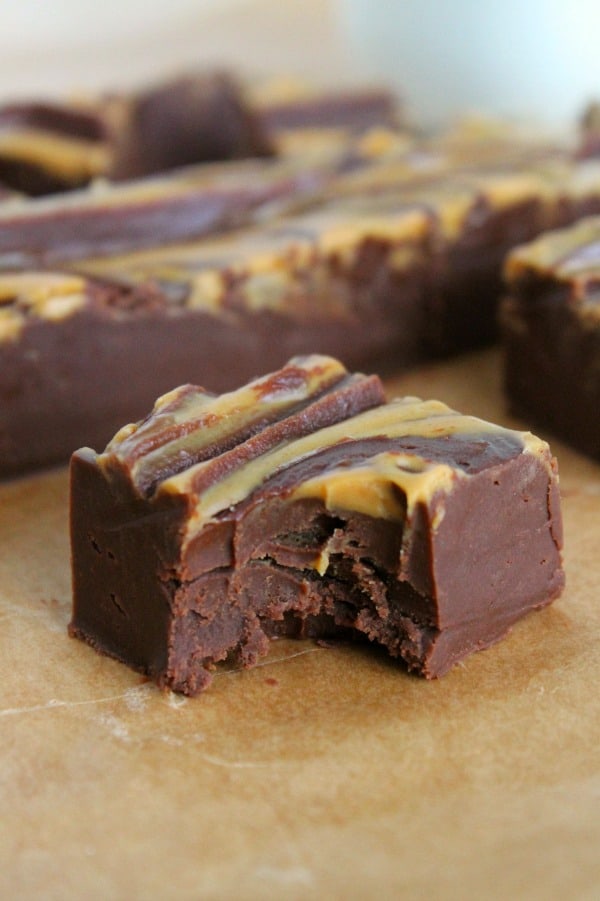 Chocolate Peanut Butter Fudge on brown parchment paper