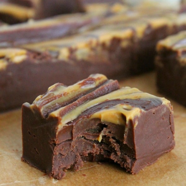 Chocolate Peanut Butter Fudge on brown paper