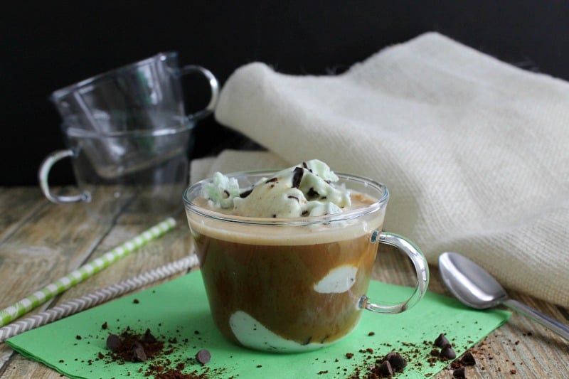 Mint Chocolate Chip Affogato on green background