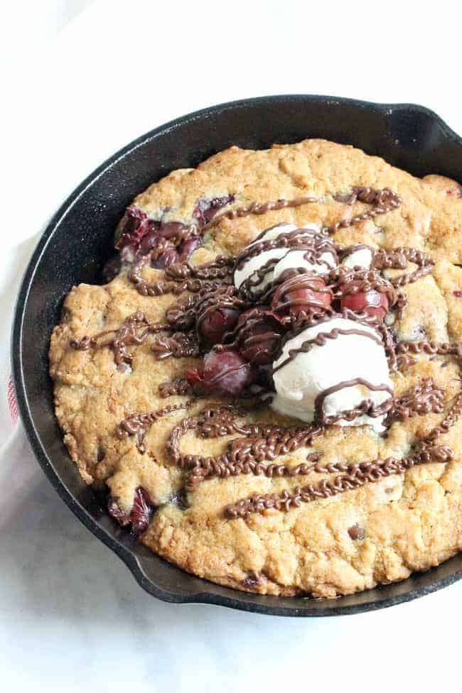 Chocolate Cherry Skillet Cookie in skillet