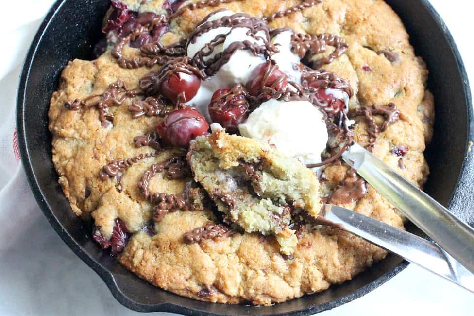 Chocolate Cherry Skillet Cookie in skillet