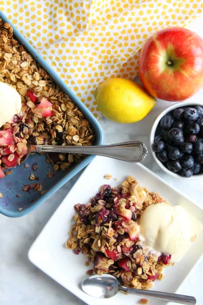 Apple Blueberry Crisp on white plate