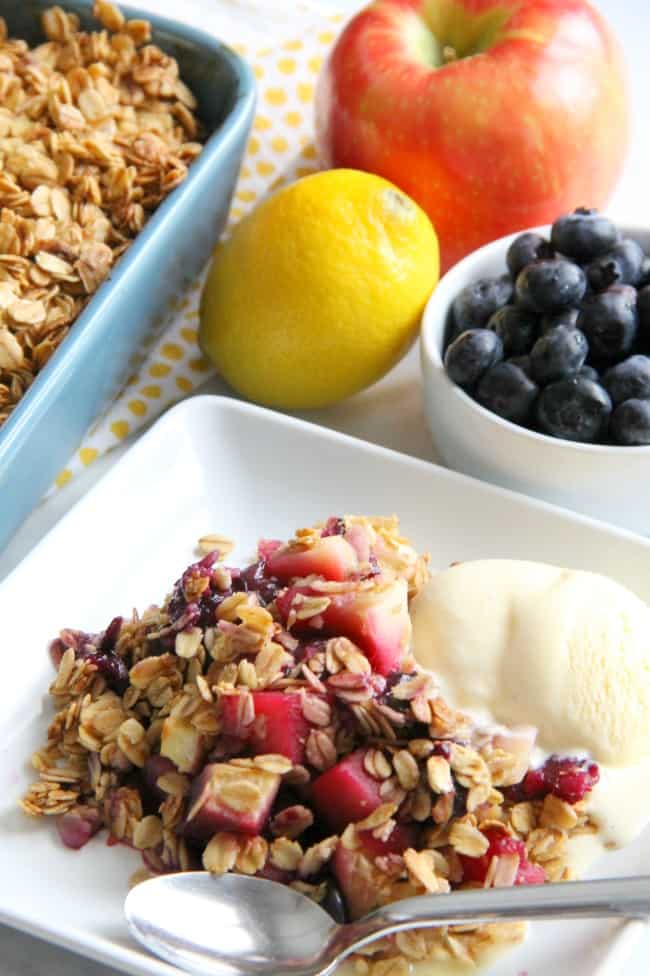 Apple Blueberry Crisp on white plate