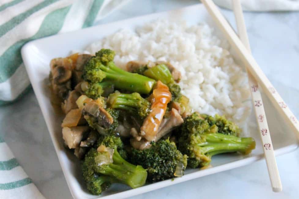 Broccoli Pork Stir Fry on white plate