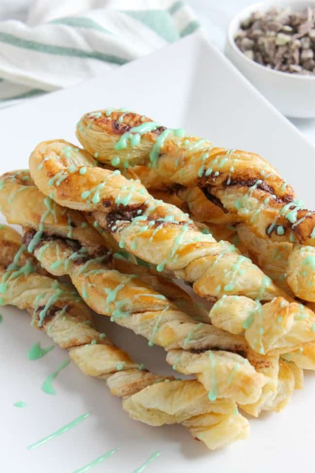 Mint Chocolate Cinnamon Sticks on white plate