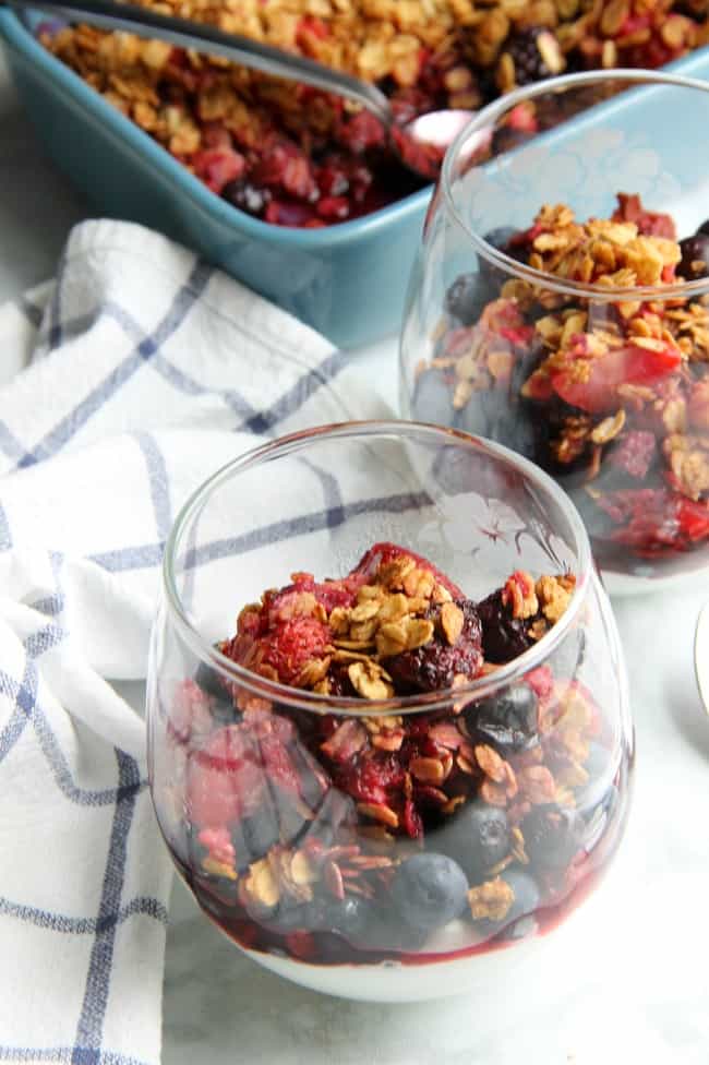 Mixed Berry Crisp in glass cup