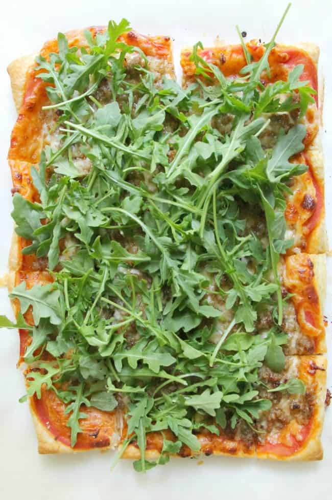 Puff Pastry Sausage and Arugula Pizza