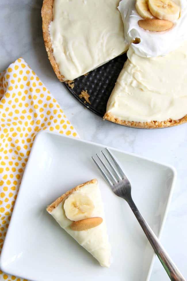 Banana Pudding No Bake Cheesecake on white plate