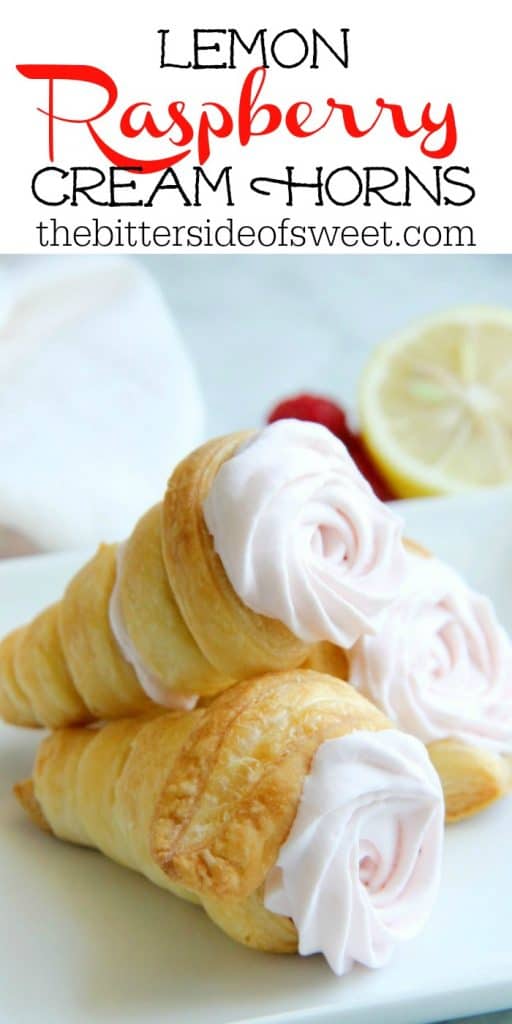 Lemon Raspberry Cream Horns stacked on white plate